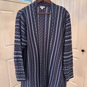 J. Jill Blue and Navy Open-Front Striped Knit Cardigan